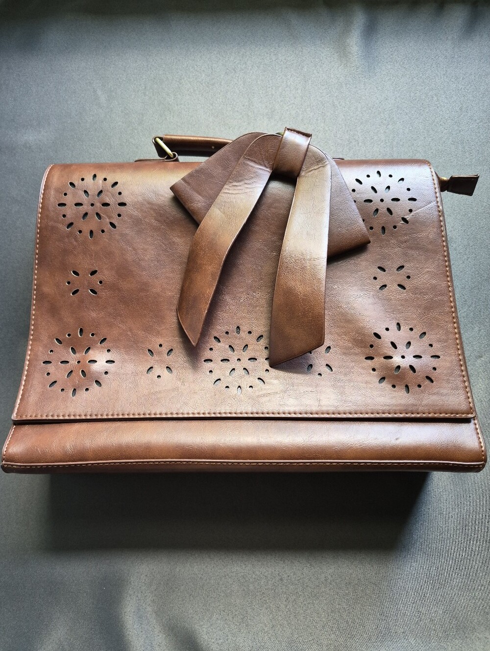 Ecosusi Briefcase Brown Laptop Messenger Bag With Bow Vegan Leather